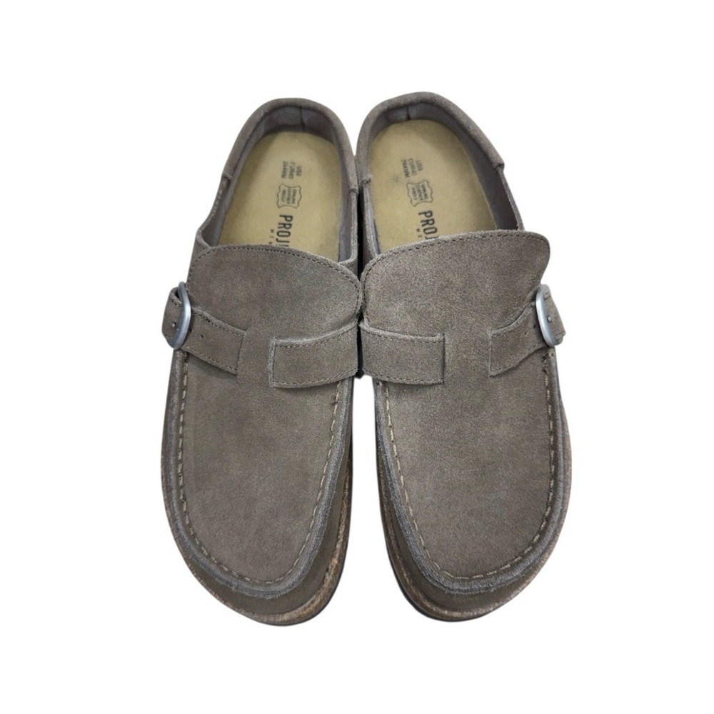 Taupe Suede Cork Bottom Slip-On Buckle Clog Shoes - Picture 3 of 5